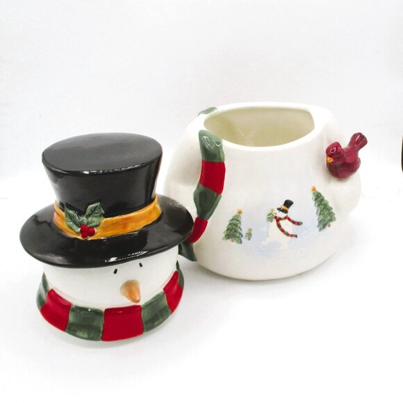 Ceramic Snowman Cookie JarTop Hat Scarf Cardinal Winter Holiday 12"   ki - Picture 4 of 6